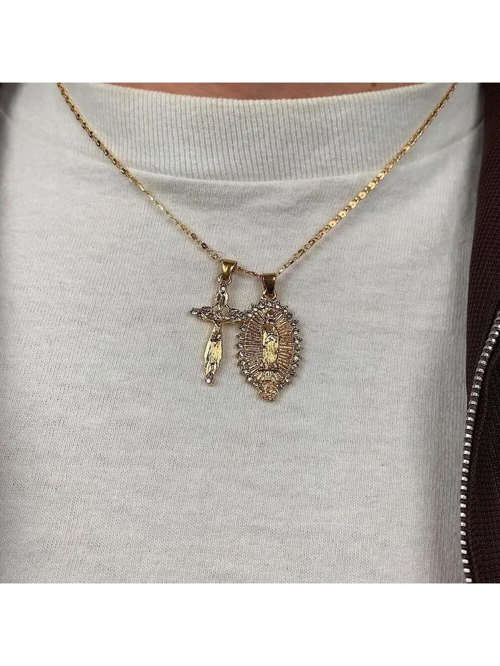Stainless steel Vintage y2k style gold diamond Cross Saint Marry pendant